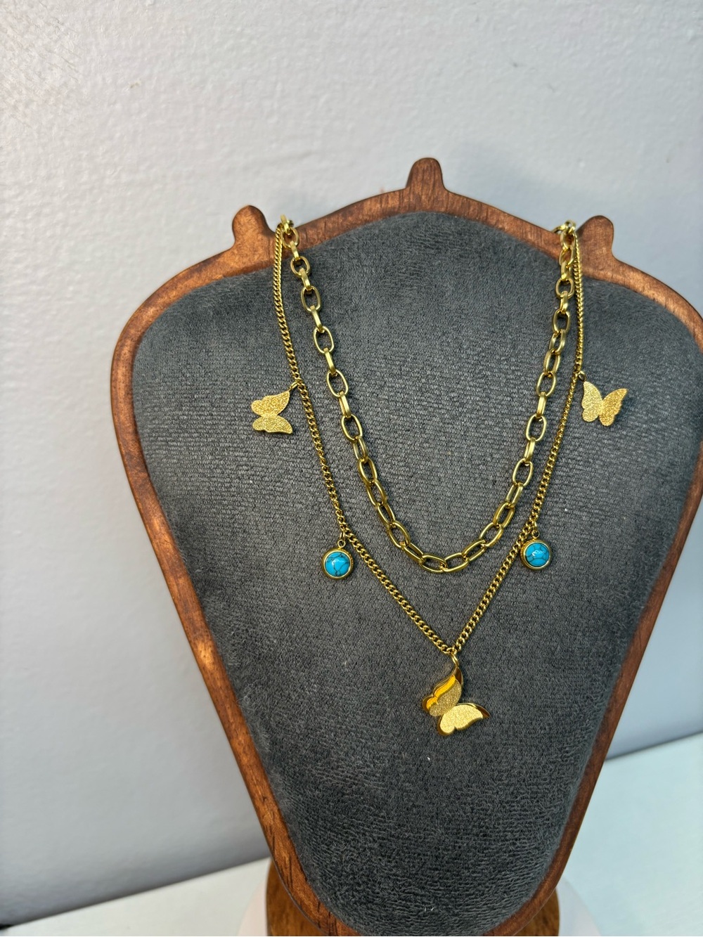 Gold Butterfly Layered Necklace with Turquoise Charm Accents - Picture 7 of 8